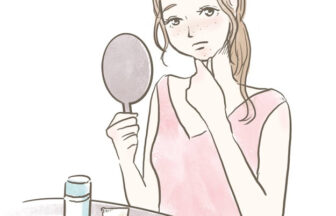 鏡で自分の肌荒れを見つめて思い悩む女性のイラスト