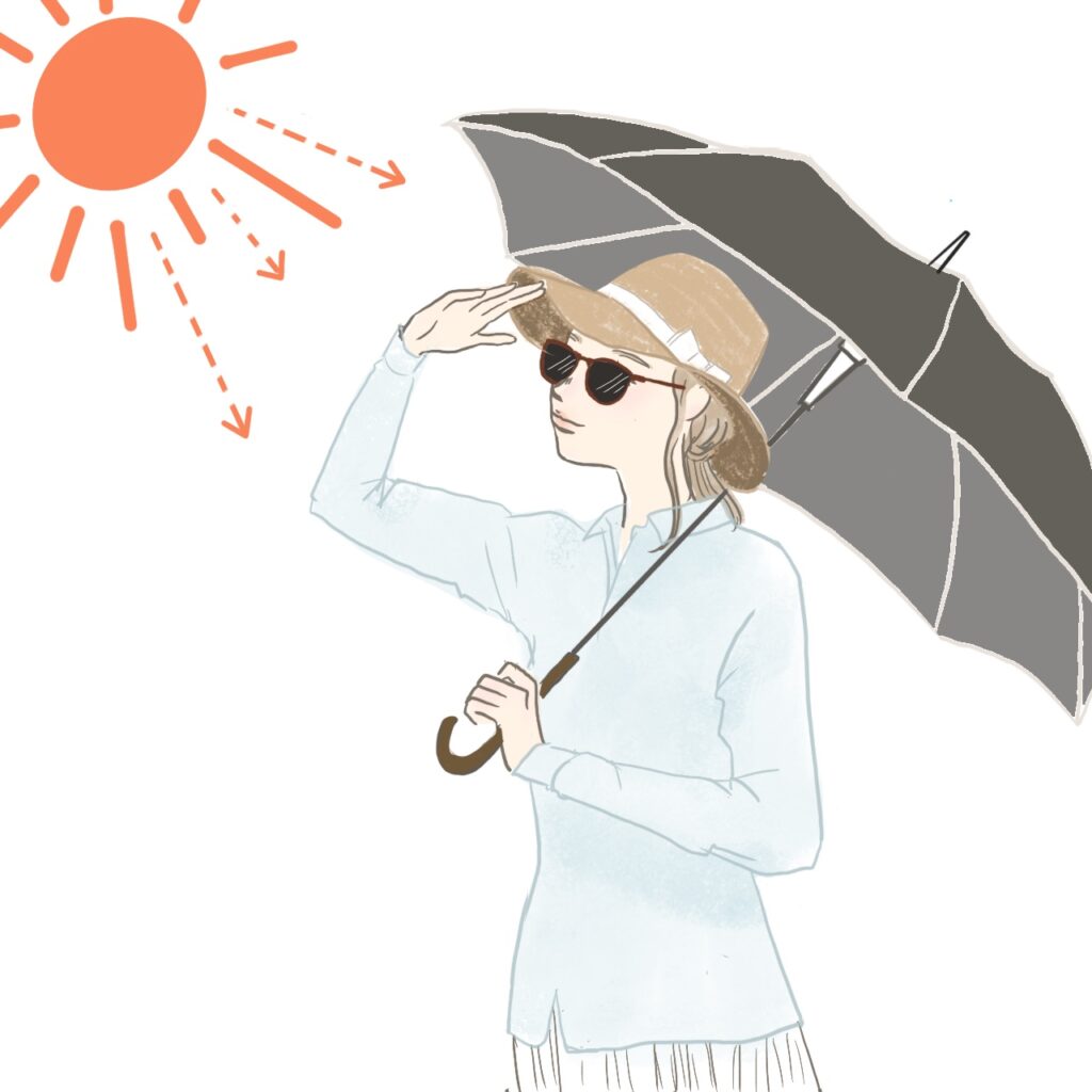 日傘と長袖で紫外線対策に励む女性のイラスト